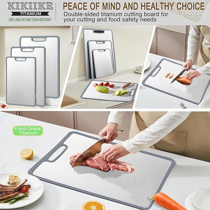Titanium Cutting Board Double-sided non-slip silicone edging Pure Titanium Cutting Boards for Kitchen - Double-Sided Food-Grade Chopping Board Non-Stick Durable and easy to clean (Large)