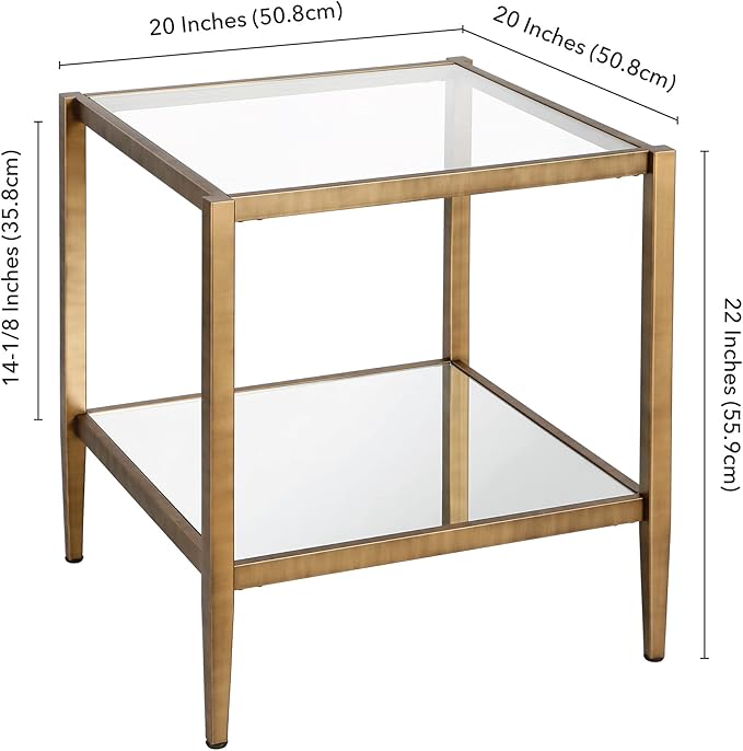 Henn&Hart 20" Wide Square Side Table with Mirror Shelf in Brass, Table for Living Room, Bedroom