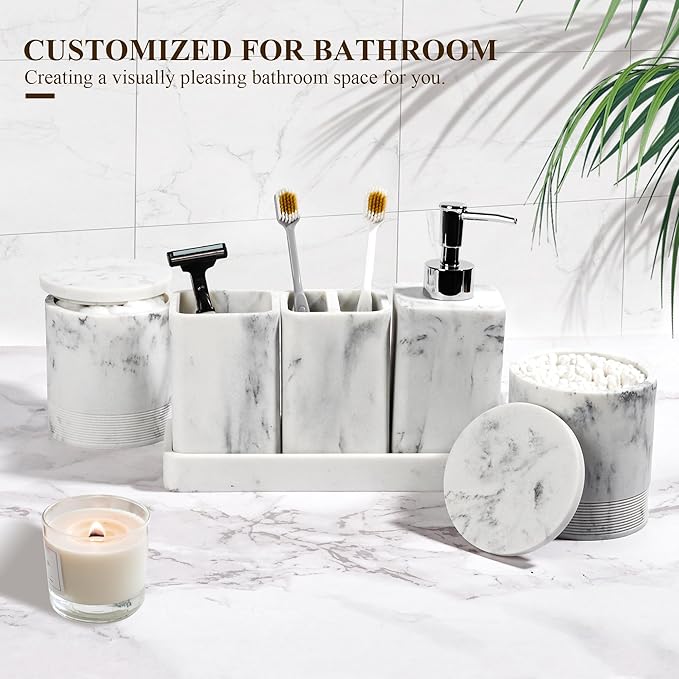 Bathroom Accessories Set, 6 Piece Bathroom Set with Toothbrush Holders, Soap Dispenser, Vanity Tray, Tumbler, Cotton Swab Jars, Bathroom Organizer,Bathroom Sink Sets, Artificial Marble White
