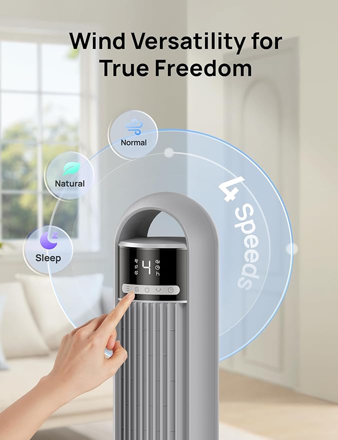 Dreo Tower Fan for Bedroom, 90Β° Oscillating Fan, Standing Fan with 3 Modes, 4 Speeds, 8H Timer Cooling Fans for Home, Living Room, Office, Grey, TF117
