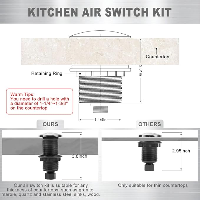 Garbage Disposal Air Switch Kit, Garbage Disposal Button, Sink Top Waste Disposer On/Off Switch, UL Listed Air Switch Compatible with All Garbage Disposals (Chrome Silver)