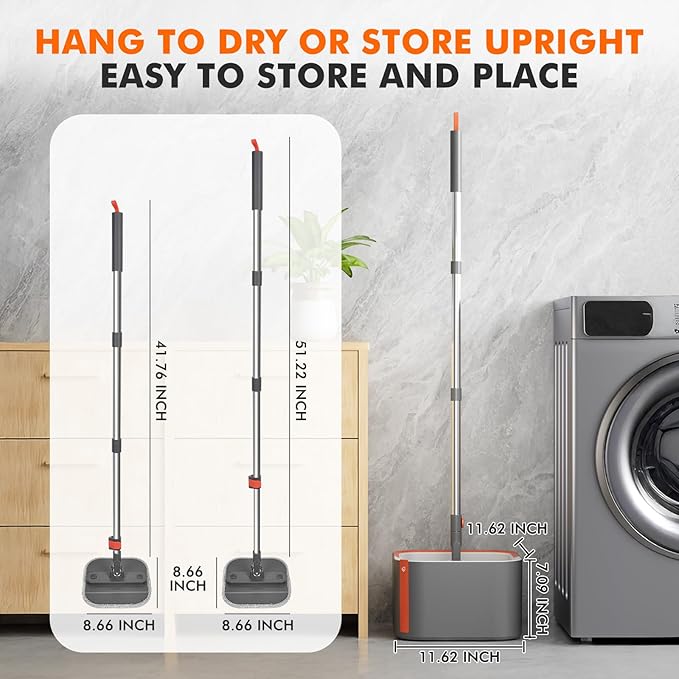 Upgraded Spin Mop and Bucket Set Self-Standing Mop Bucket Separate Dirty and Clean Water System Self Wringing 360° Rotating 90° Foldabl Mops and Buckets for Floor Cleaning (Dark Gray, 2Pads)