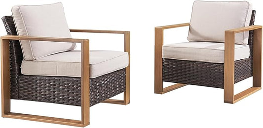 Wicker Outdoor Patio Chairs Set of 2, Rattan Patio Furniture Chairs with Sturdy Frame,All-Weather PE Wicker,Wide Armrest,Deep Seating and Thick Cushions for Deck Porch Garden(Brown/Beige)