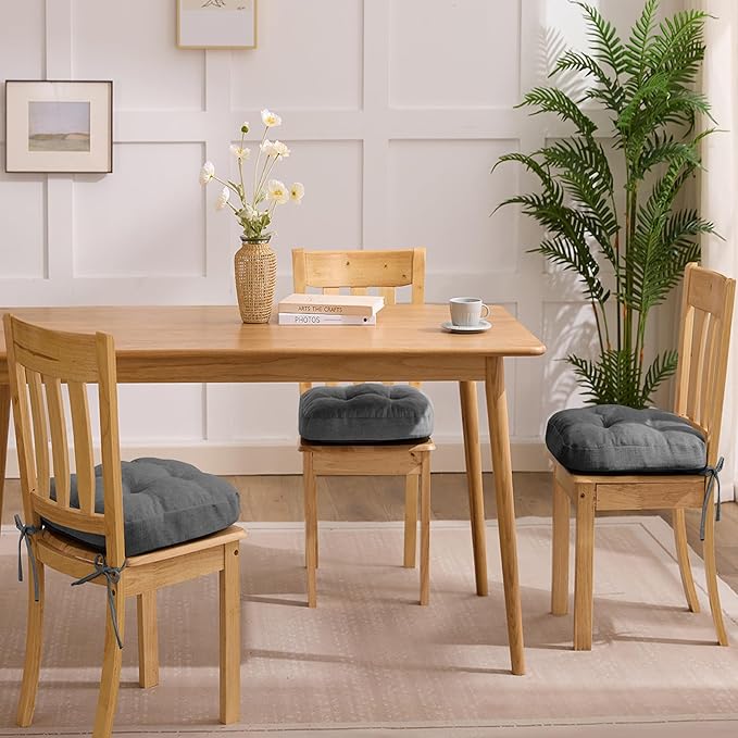 Chair Cushions for Dining Chairs, Dining Chair Cushions, Tufted Indoor Chair Pads with Ties & Non Slip Backing, Seat Cushions for Kitchen Chairs 16.5” x 16.5” x 3.5”, Set of 6, Grey