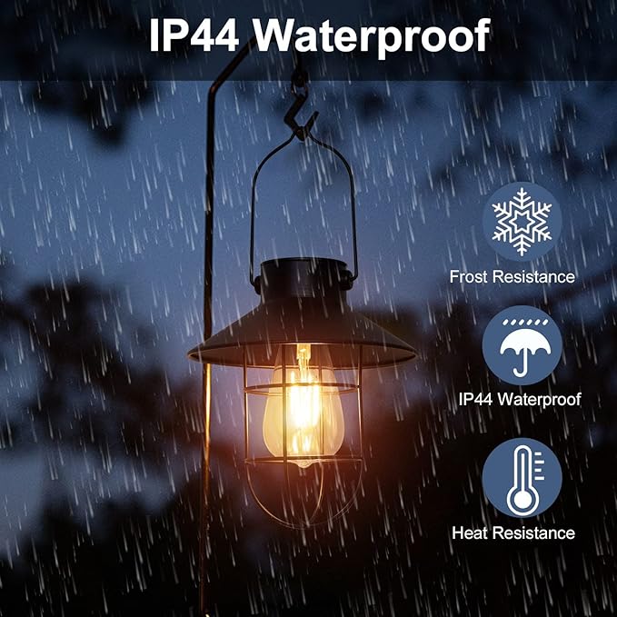 pearlstar Solar Lanterns Outdoor Metal Solar Powered Hanging Lights Waterproof for Wall Yard Garden Patio Garage Balcony Porch Fence Decor, Warm White Edison Bulb,with Wall Mount Kit(Black-1pack)