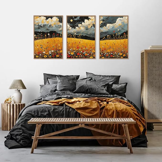 HLNIUC Mystical Moonlight Framed Wall Art Set,Night Moon Wildflower Canvas Wall Decor,Full Moon Mountain Flower Art Print,Large Golden Floral Landscape Wall Painting for Living Room,Office - 16”x24”x3