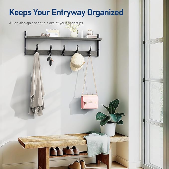Tatub 29" Rustic Coat Rack Wall Mount with Shelf, Entryway Wall Hooks with Shelf, Coat Hangers for Bathroom, Living Room, Bedroom, Dark Grey