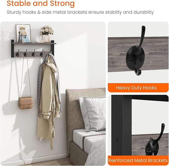 Homode Wall Hooks with Shelf, Coat Rack Wall Mount, Entryway Shelf with Hooks for Clothes, Backpack, Key, Purse - Rustic Grey