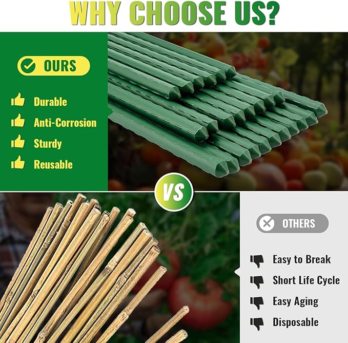 Premium Garden Stakes 58 Inch 5ft 25 Pack, Heavy Duty Tomato Plant Stakes for Outdoor Plants, Rust Resistant Metal Garden Poles and Sticks for Vegetables, Flowers, and Climbing Plants (green, 58 Inch)