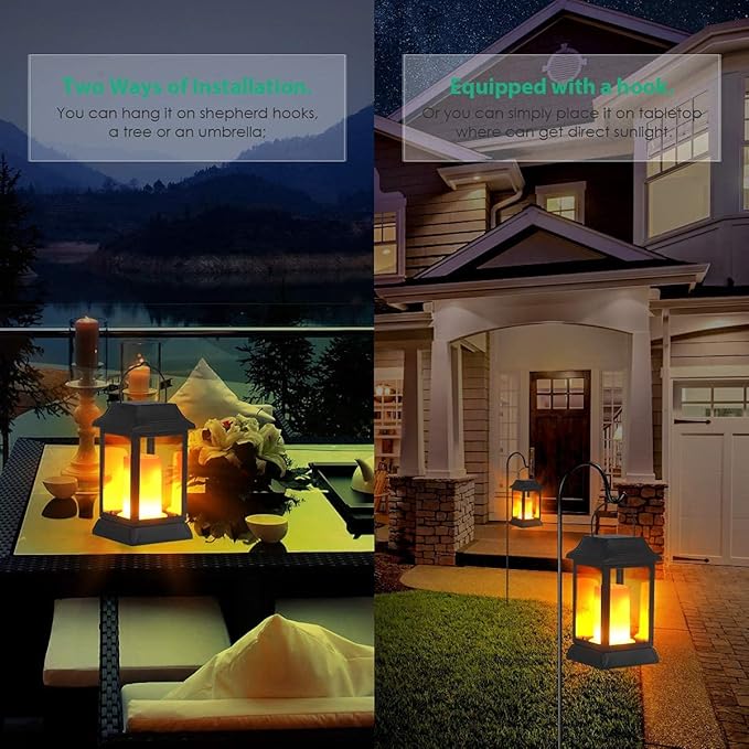 TomCare Solar Lights Metal Flickering Flame Solar Lantern Outdoor Hanging Lanterns Decorative Lighting Heavy Duty Solar Powered Waterproof Umbrella Lighting for Garden Yard Patio Deck, 2 Pack(Black)