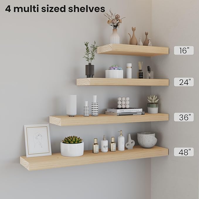 Natural Wood Floating Shelves 16”x 8”x 1.4” Book Shelf Floating for Wall Mounted, Heavy Duty Shelf Hold 35 lbs, Unfinished Wall Shelves for Bathroom, Living Room, Kitchen, Bedroom, Office