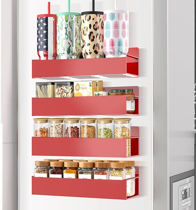Magnetic Spice Rack Organizer for Fridge Seasoning Organizer for Kitchen Storage With Screw Magnetic Shelf for Oven, RV,Garage,Bathroom (Red, 4pack)