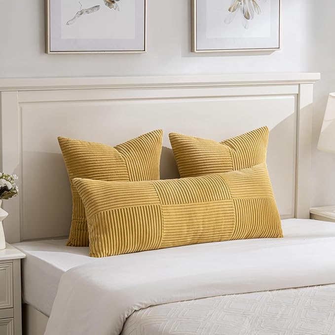 Fancy Homi 2 Packs Mustard Yellow Lumbar Decorative Throw Pillow Covers 14x24 Inch for Couch Bed, Rustic Farmhouse Boho Home Decor, Soft Striped Corduroy Rectangle Accent Cushion Case