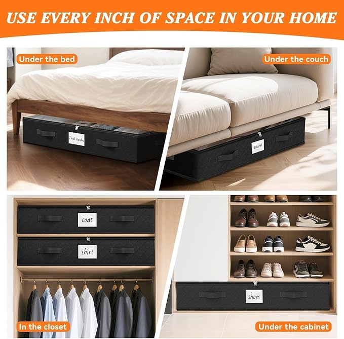 SpaceWhisper 90L Under Bed Storage Containers, 2-Pack Storage Bins with Clear Top, Foldable Closet Organizers and Storage with Label Holder for Clothing, Blankets, Comforter & Pillows(Black)