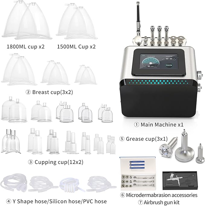 Meifuly Vacuum Therapy Machine, 3 in 1 Vacuum Cupping Sets, Skin Care and Airbrush Machine, with 1800ML and 1500ML Large Cups, 0-80 cmHg, 5 inch Touch Screen