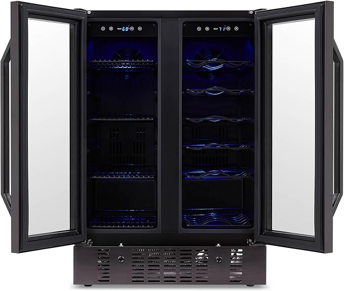 NewAir 24" Dual Zone Wine and Beverage Refrigerator, 18 Bottle & 58 Can, French Door Built-In Fridge with Lock, Black Stainless Steel Cooler, Digital Thermostat, Adjustable Shelves