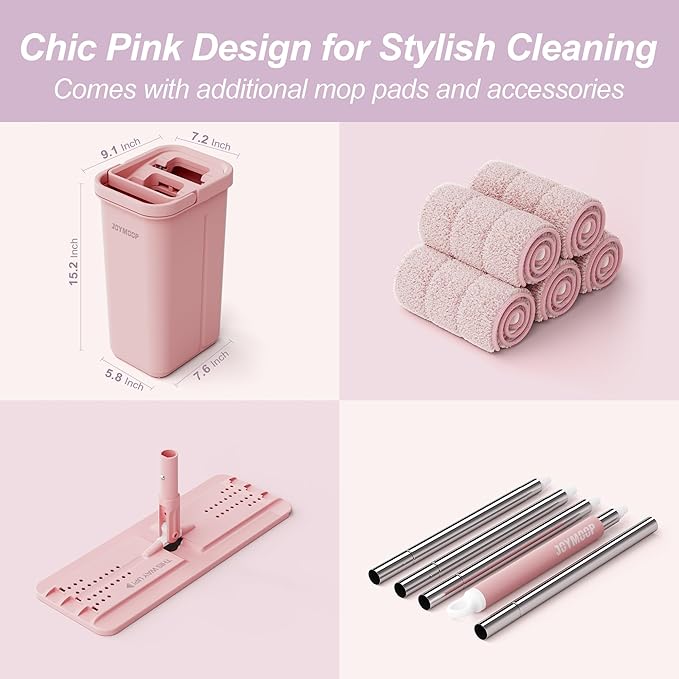 JOYMOOP Pink Mop and Bucket with Wringer Set for Home, with 5 Reusable Microfiber Mop Pads, Hands-Free Self-Cleaning System, Suitable for Floor Cleaning and Wall Cleaner