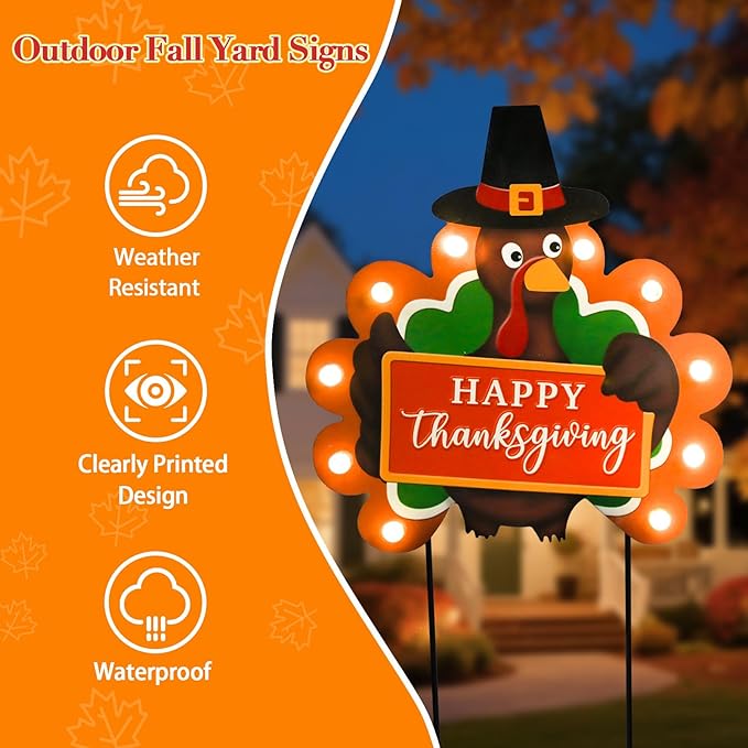 2 PCS Fall Decorations Outdoor Metal Happy Thanksgiving Decorative Garden Stakes with Led Light Welcome Pumpkin Turkey Yard Signs Fall Harvest Lawn Garden Lawn Pathway Decor