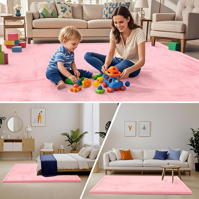 ACOMOPACK Baby Play Mat for Floor,1.3" Thick Memory Foam Area Rug for Living Room,Soft Velvet Crawling with Non-Slip Bottom for Kid,Toddler,39"×59" Tummy Time Nursery Rugs,Yoga(Pink)