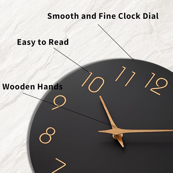 Mosewa Wall Clock Battery Operated 10 Inch Black Silent Non Ticking Simple Minimalist Style Rose Gold Numbers Decorative for Living Room Kitchen Home Office Bathroom