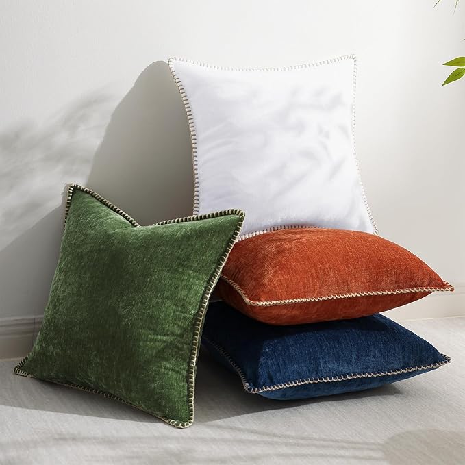 decorUhome Chenille Soft Throw Pillow Covers 18x18 Set of 2, Farmhouse Velvet Neutral Decorative Euro Pillow Covers with Stitched Edge for Couch Sofa Bed Home Decor, White