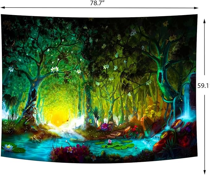 Delur Fantasy Forest Tapestry Mystical River Enchanted Magical Fairy Tale Tree Tapestry Sunrise Landscape Sunset Nature Psychedelic Wall Hanging Headboard for Bedroom Living Room Home Decor (59.1" x 78.7")