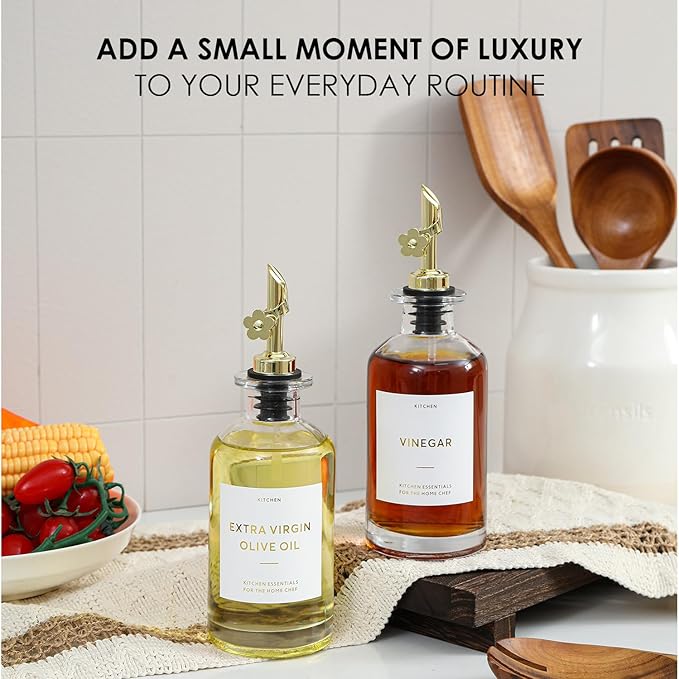 HOMCDALY Olive Oil Dispenser for Kitchen, 11.8oz Glass Dispenser Bottles with Pourer for Kitchen, Oil and Vinegar Dispensers Set, Leakproof Oil Bottle for Cooking| Set of 2 (11.8oz)