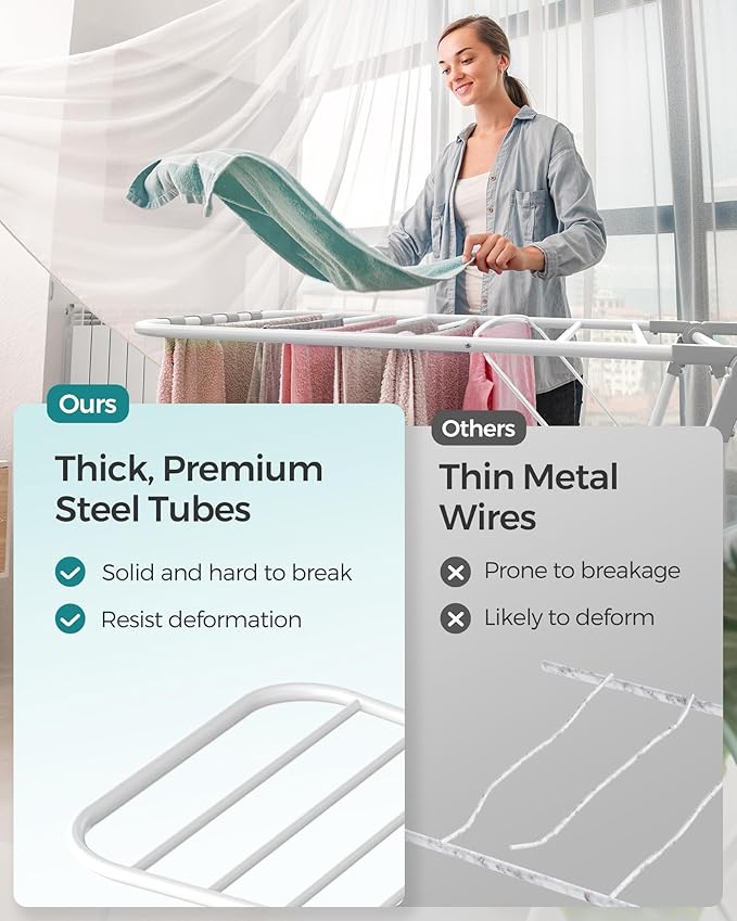 SONGMICS Clothes Drying Rack, Foldable 2-Level Laundry Drying Rack, Free-Standing Laundry Airer, with Height-Adjustable Wings, 33 Drying Rails, Sock Clips, White and Gray ULLR053G01V1