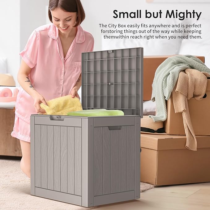 Vixzen 30 Gallon Resin Deck Box - Lockable Outdoor Storage for Patio Cushions, Garden Tools, Pool Supplies,Grey