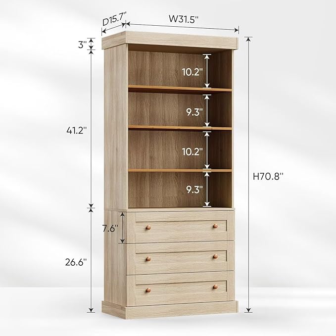 Vyre 71" Tall Farmhouse Bookshelves with Drawers, Large Modular Bookcase with Adjustable Shelves, Storage Cabinet for Living Room, Home Office, Kitchen, Brown