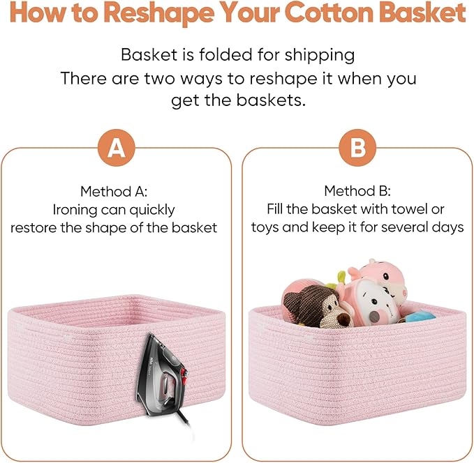 OIAHOMY 4 Pack 14.17*11.02*6.3IN Storage Baskets for Organizing Shelves, Woven Rope Baskets for Organizing Books, Clothes, Decorative Basket for Living Room, Nursery, Bedroom, Gift Basket, Pink