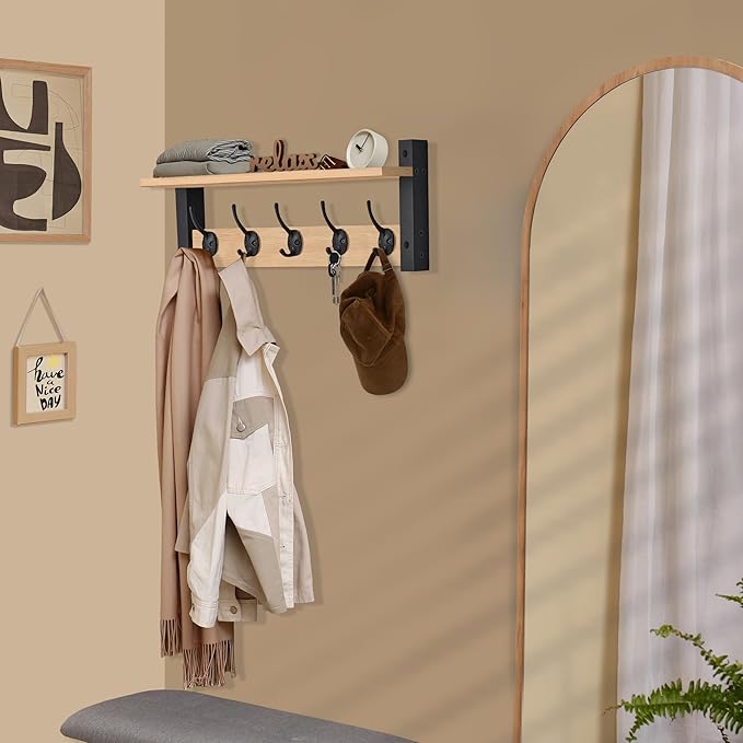 Sorbus Coat Hooks Wall Mount with Shelf – 24 Inch Coat Rack Wall Mount with 5 Heavy Duty Hooks – Floating Wall Shelf with Hooks for Entryway, Bathroom, Bedroom, Kitchen, or Mudroom (Maple Wood)