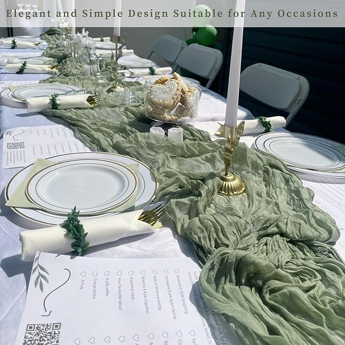 12 Pack Sage Green Cheesecloth Table Runner 10FT Rustic Gauze Fabric Cheese Cloth Table Runner for Wedding Bridal Baby Shower Table Decor 20 x 120 Inch Long Boho Sheer Birthday Party Table Decorations