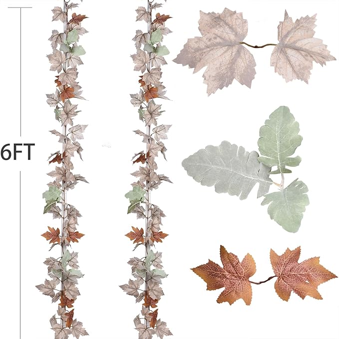 DearHouse 2 Pack Fall Maple Leaf Vine, 5.9Ft/Piece Hanging Garland White Autumn Foliage Thanksgiving Decor for Home Wedding Fireplace Party Christmas (White&Orange)