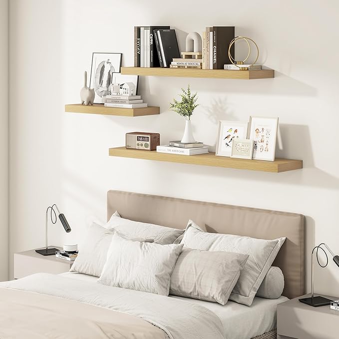12 Inch Deep Floating Shelves 48 inch Long, 48 x 12 Wide Wall Shelves with Invisible Brackets, Heavy Duty Shelf for Bedroom Bathroom Living Room Kitchen Office Home Decor, Modern Shelf Set of 2, Oak
