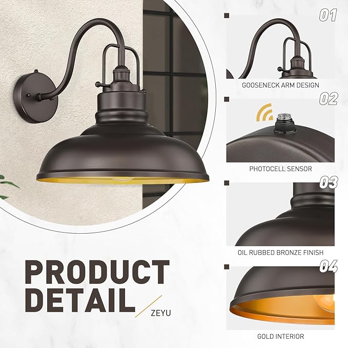 zeyu 18 Inch Vintage Gooseneck Wall Light Fixture, Outdoor Dusk to Dawn Barn Light, Farmhouse Wall Sconce Light for Garden Garage, Oil Rubbed Bronze Finish, 016-1BL-PC ORB