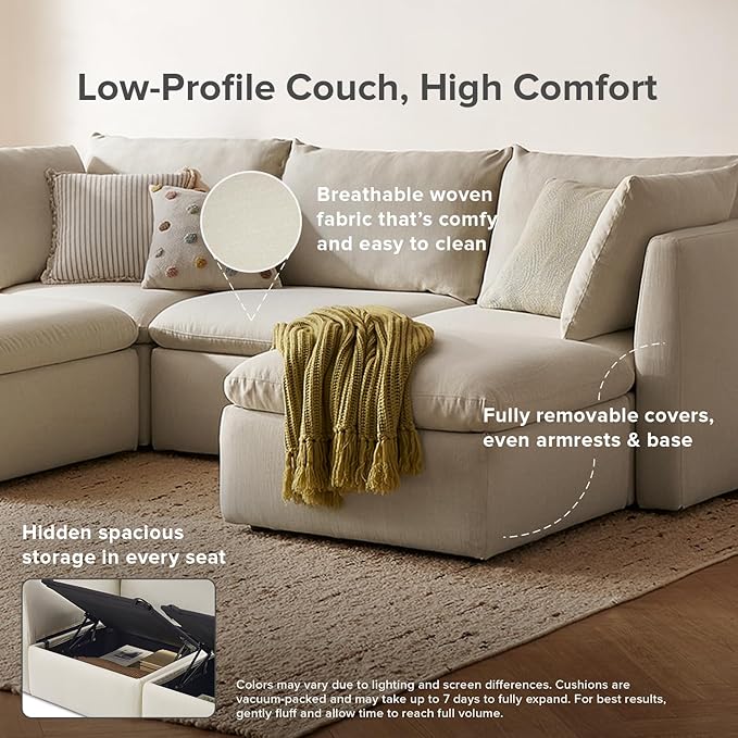 mopio Oversized Modular Sectional Sofa with Fully Removable Covers and Storage, Convertible U, L-Shaped and Sleeper Sectional, Modern Couches with Ottoman Chaise (Oat Fabric, 6 Seats, U)