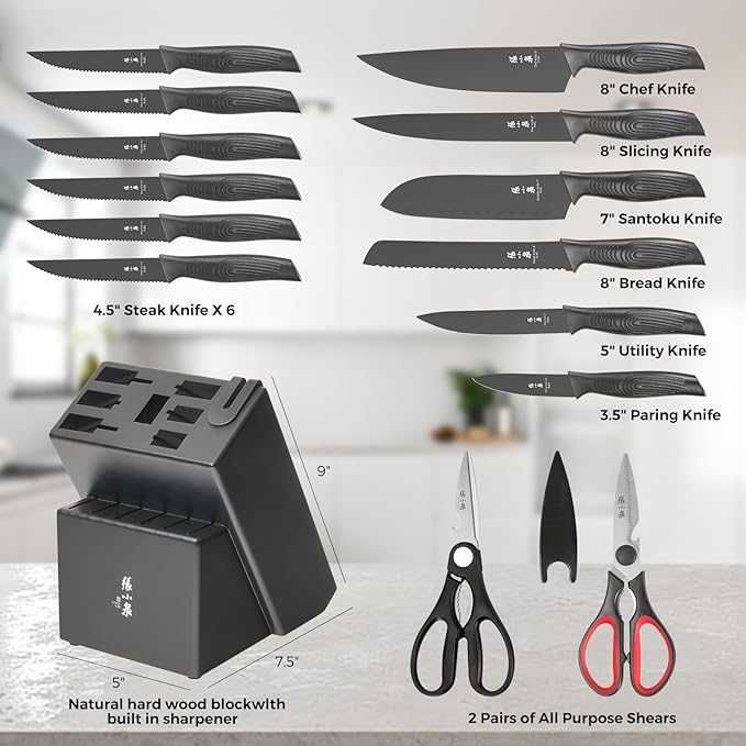 ZHANG XIAO QUAN SINCE 1628 15Pcs Knife Sets for Kitchen with Block,Knife Set with Built-in Sharpener Dishwasher Safe(Master A)