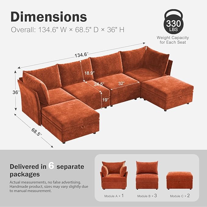 134.6" Oversized Modular Sectional Sofa, 6 Seater U Shaped Couch with Storage Ottoman with Reversible Chaise Deep Seat for Living Room, Apartment - Chenille Terracotta Orange