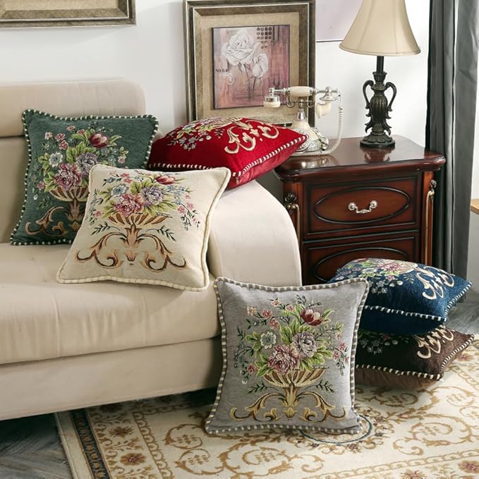Set of 2 Spring Chenille Vintage Green Throw Pillows Covers 18x18in Sofa Couch Pillows for Living Room Floral Embroidered Cushion Cover for Bed Chairs Car