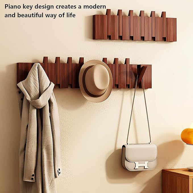 Wall Mounted Piano Key Hanger | Flip Style Hook | Entrance Wall Art Hook, Made of Oak Wood (3 Times Painted, 4 Times Polished) (Walnut, 8Hooks)