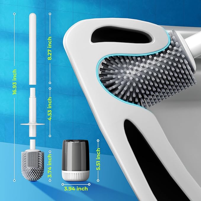 Silicone Toilet Brush and Holder Set with L-Shaped Brush Head, Wall Mounted Toilet Brush Set with Long Non-Slip Handles, Compact Toilet Bowl Cleaner Brush Suitable for RV Trailers & Bathroom (2 Pack)