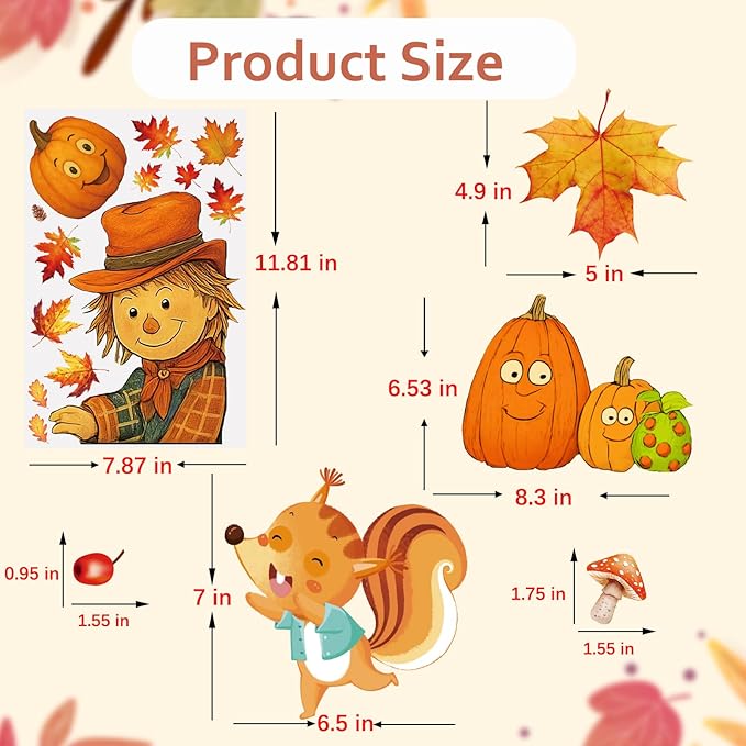 DC-BEAUTIFUL 153 Pcs Fall Window Clings, 12 Sheets Double Sided Autumn Pumpkin Scarecrow Maple Leaf Glass Stickers, Reusable Static Thanksgiving Window Decals Party Decors for Home Office School Shop
