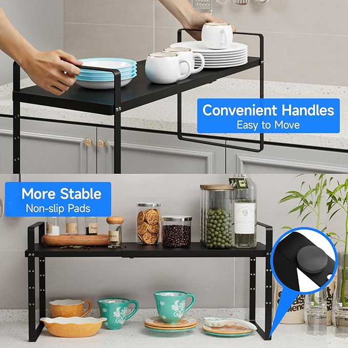 Expandable Cabinet Shelf Organizer, Stackable Kitchen Pantry Counter Storage, Adjustable Closet Cupboard Stand Rack Risers Spice Organization 80LBS Heavy Duty Black 2 Pack