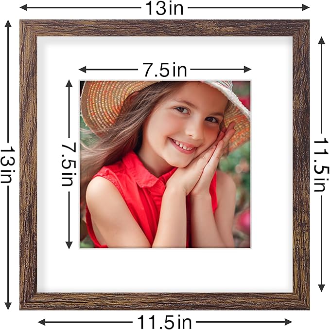 Vittanly 12x12 Picture Frames Set of 9, Shatter Resistant Plexiglass, Display 8x8 Pictures with Mat or 12x12 without Mat, Photo Frames for Wall Mount, Engineered Wood, Brown