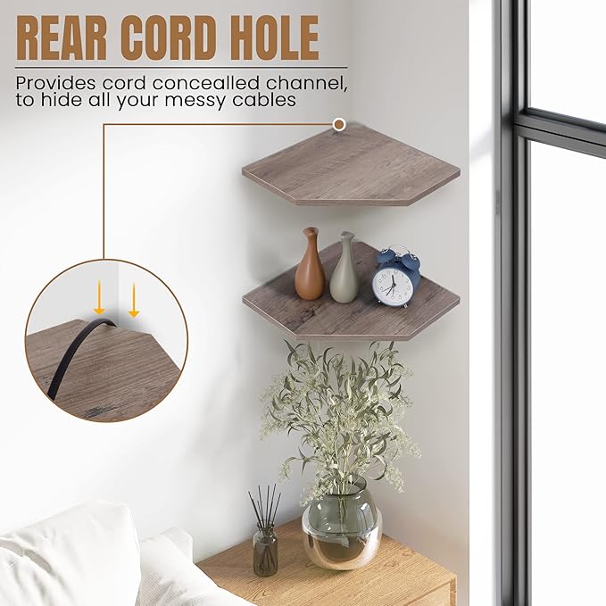 Corner Shelf Wall Mount, Corner Floating Shelves, Set of 4 Corner Wall Shelf Organizer, Rustic Wood Wall Storage Display Shelves for Living Room Bedroom Bathroom Kitchen, Rustic Grey