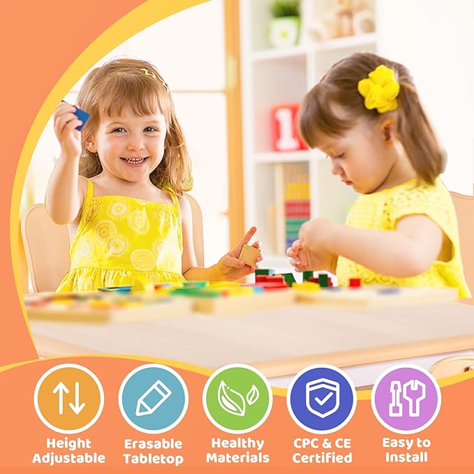 FUNLIO Kids Table and 4 Chairs Set, Height Adjustable Toddler Table and Chair Set for Ages 3-8, Easy to Wipe Arts & Crafts Table, for Classrooms/Daycares/Homes, CPC & CE Approved(5-Piece Set)