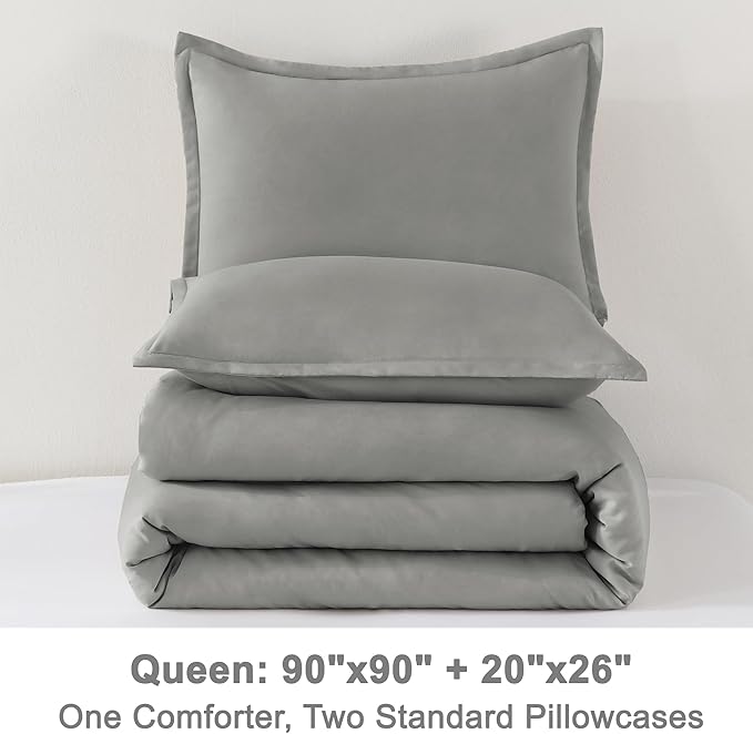 Litanika Comforters Medium Gray Queen Size, 3 Pieces Lightweight Solid Bedding Set & Collections, All Season Fluffy Bed Set (90x90In Comforter & 2 Pillowcases)