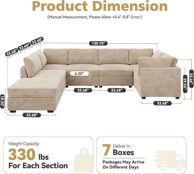 Modular Sectional Sofa with Chaise U Shaped Sectional Couch for Living Room, 7-Seater Comfy Cloud Couches with One Movable Ottoman, Plush Corduroy, Beige
