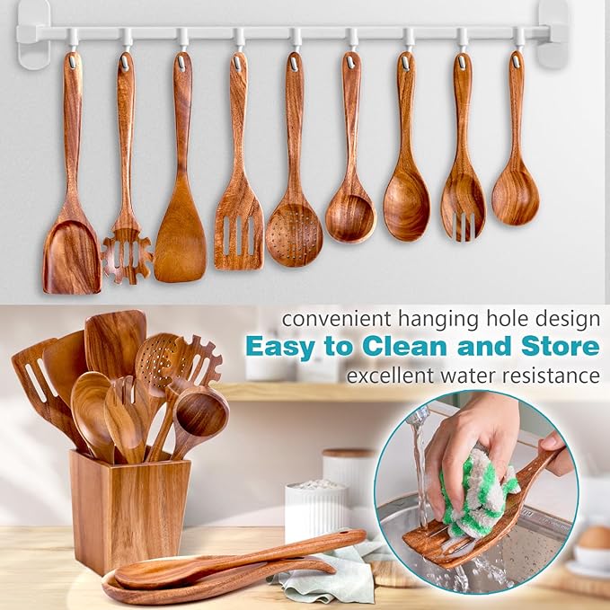 Wooden Spoons for Cooking, Acacia Wood Cooking Utensils Set – 11 Piece Wooden Kitchen Tools with Holder, Spoon Rest, Nonstick Cookware Safe by HOWHONG